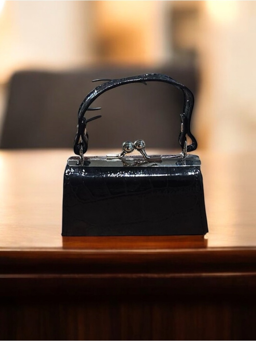 Purse Black Kisslock Patent Leather Bag Charm & Keychain